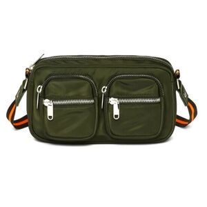 Olive Green Nylon Crossbody Bag Dual Pocket Adjustable Strap Sporty